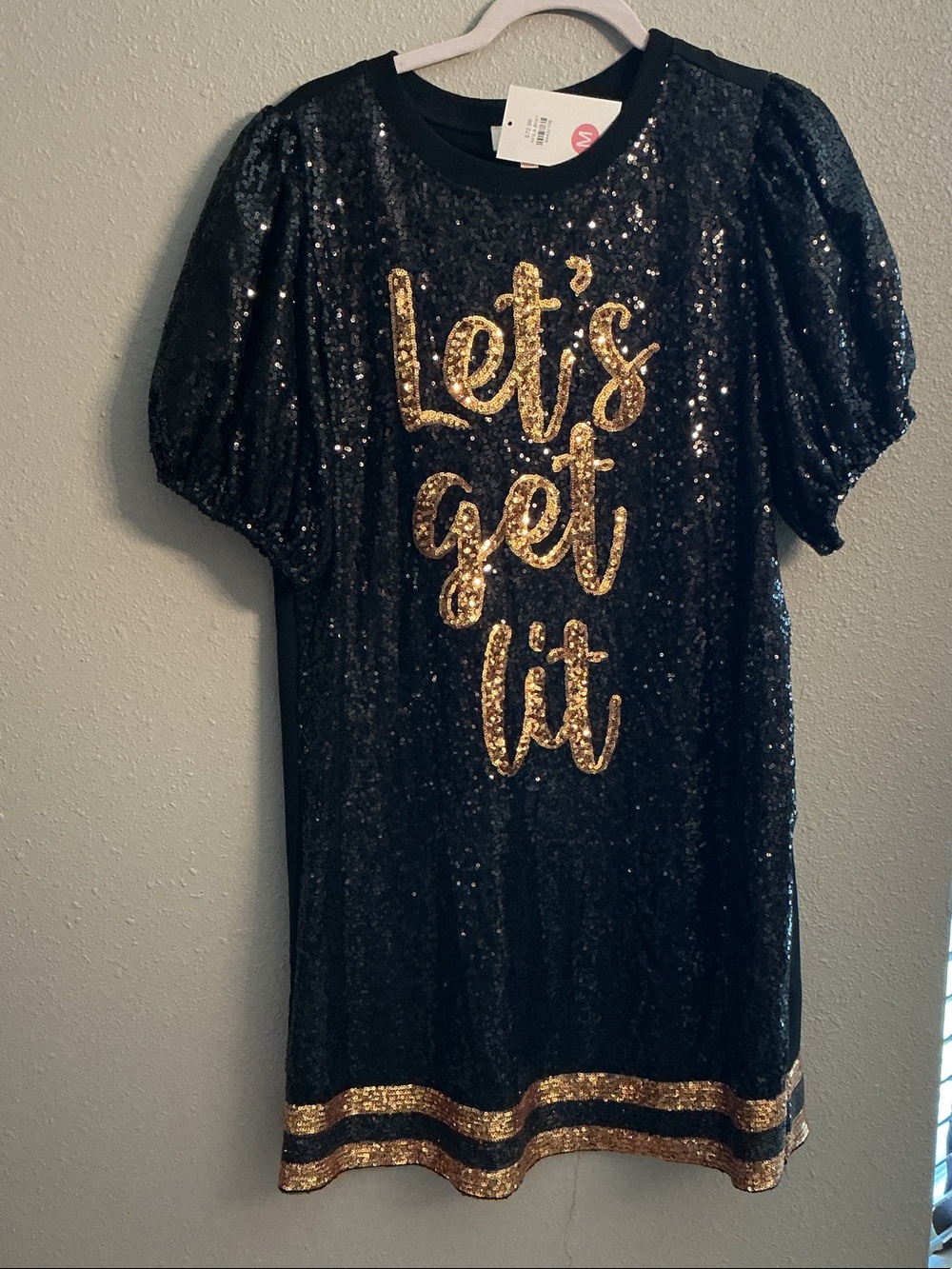 Peach Love California Black Sequin Mini Dress with Gold Script
